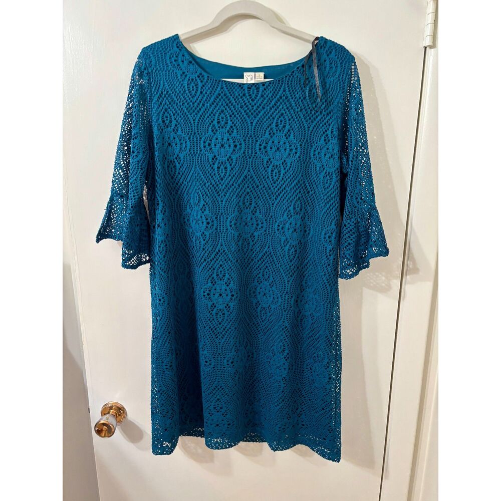 Emma & Michele Womens L Teal Irish Crochet Layered Bell Sleeve Midi